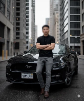 Confident Man Standing in Front of Black Sports Car on City Street