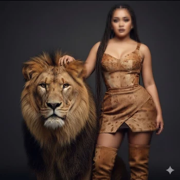 Confident woman in animal print dress posing beside majestic lion in studio
