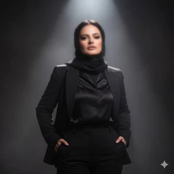 Confident woman in black hijab and suit standing under dramatic spotlight