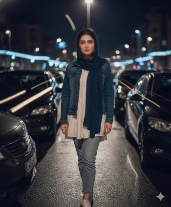 Confident woman in denim jacket walking on a city street at night