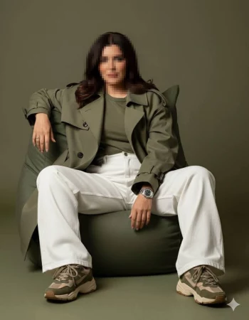 Confident Woman in Green Trench Coat and White Pants Sitting Stylishly on Beanbag Chair