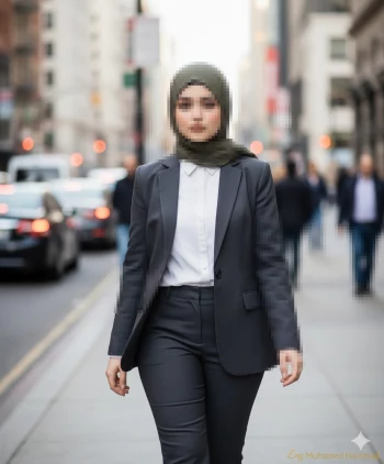 Confident woman in grey suit and olive hijab walking in busy city street