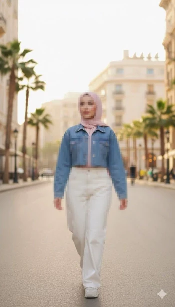 Confident woman in pink hijab and denim jacket walking down palm-lined street