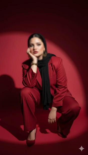 Confident Woman in Red Suit Posing Stylishly Against Bold Red Background