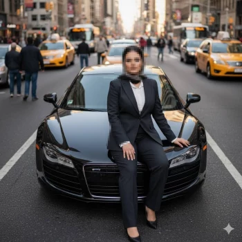 Confident Woman in Suit Sitting on Luxury Car in Busy City Street