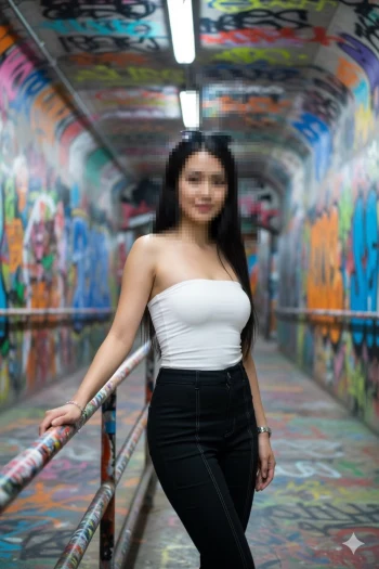Confident woman in white top and black pants posing in colorful graffiti tunnel