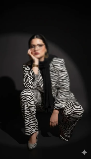Confident Woman in Zebra Print Suit Posing Under Dramatic Studio Lighting