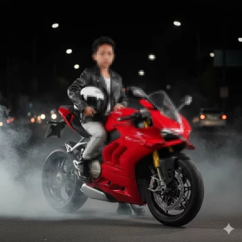 Confident young boy posing on a red sports motorcycle at night