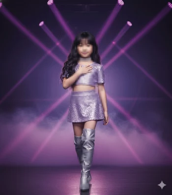 Confident young girl in lavender outfit walking on stage with purple lights