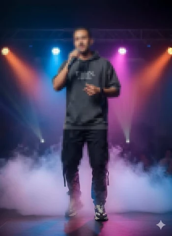 Confident young man performing on stage with microphone and colorful lights