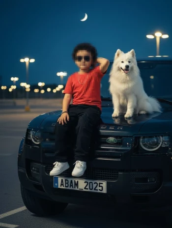 Cool kid in red shirt and sunglasses sitting on black Land Rover with white dog under the moon