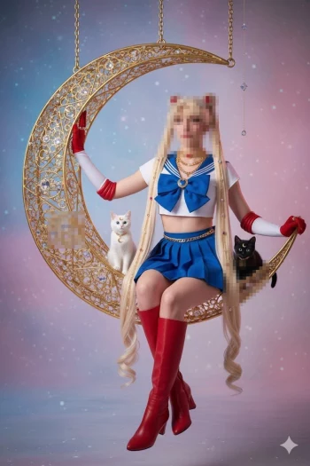 Cosplay Girl Dressed as Sailor Moon Sitting on a Golden Crescent Moon with Cats