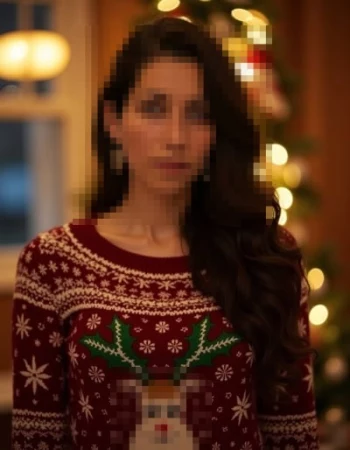 Cozy Christmas Portrait of a Woman in a Festive Red Reindeer Sweater