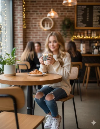 Cozy Girl Enjoying Hot Chocolate in a Warm Modern Coffee Shop