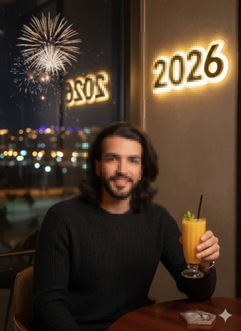 Cozy New Year 2026 Toast with Fireworks and City Night View