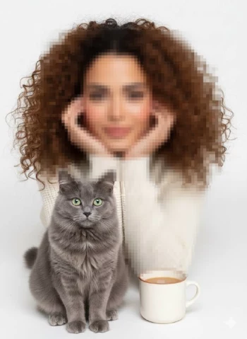 Cozy portrait of a woman with her grey cat and a warm cup of coffee