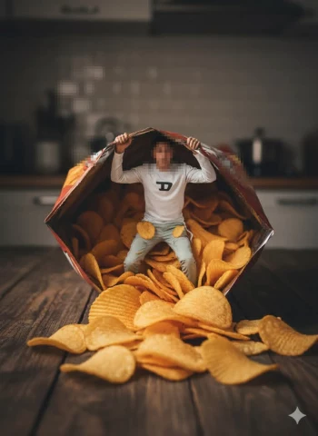 Creative Miniature Man Sitting Inside a Giant Bag of Potato Chips