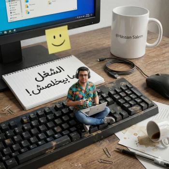 Creative Miniature Workspace Scene with Tiny Man Sitting on a Keyboard