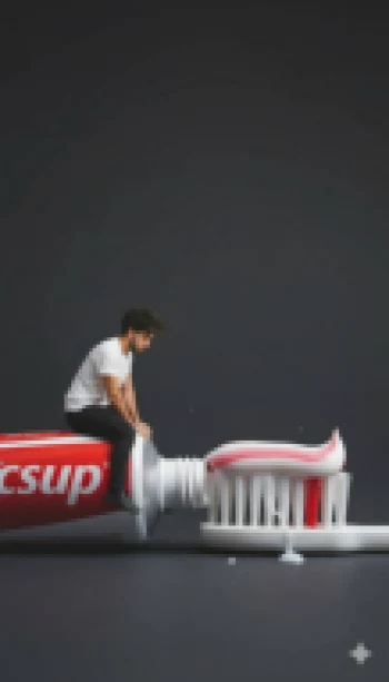 Creative Surreal Photo of Man Sitting on Giant Toothpaste and Toothbrush