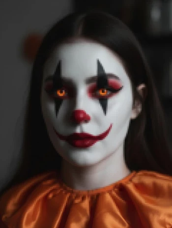 Creepy clown woman with glowing orange eyes and white face paint