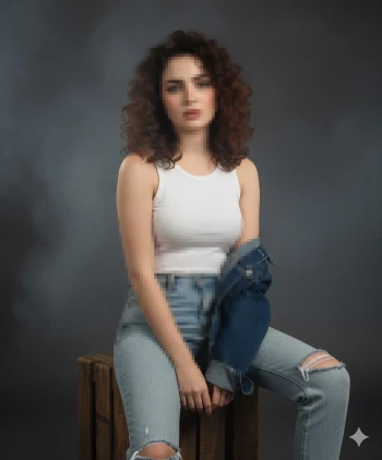 Curly haired woman in white top and ripped jeans sitting on wooden crate
