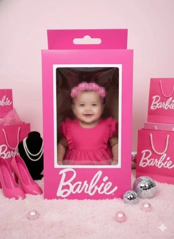 Cute baby dressed in pink inside Barbie doll box with matching accessories