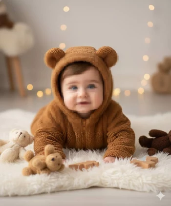 Cute Baby in Brown Teddy Bear Outfit Crawling on Soft White Rug