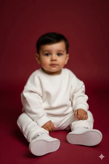 Cute Baby in White Outfit Sitting Against Burgundy Background
