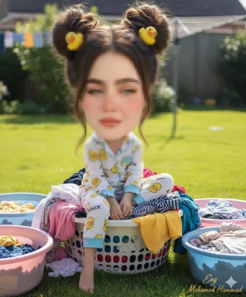 Cute cartoon girl in duck pajamas sitting on laundry baskets in sunny backyard