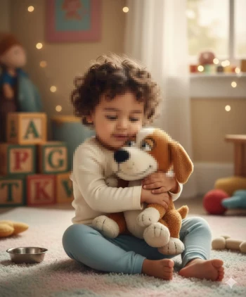Cute Child Hugging Plush Dog Toy in Cozy Playroom with Warm Lighting