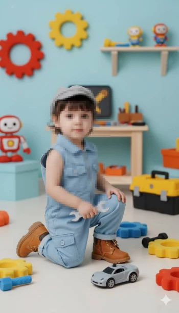 Cute child in blue jumpsuit playing mechanic with toy car and tools
