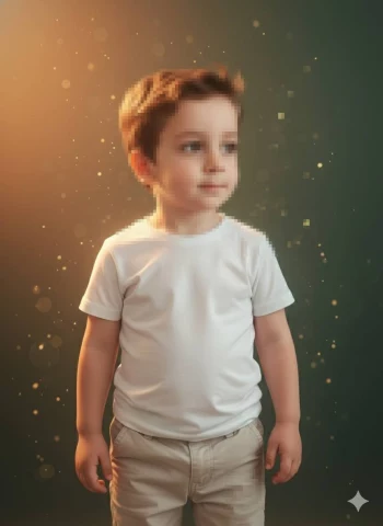 Cute Little Boy in White T-Shirt Posing in Warm Studio Light