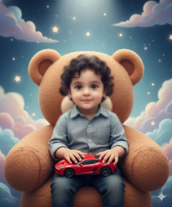 Cute little boy sitting on teddy bear chair holding red toy car