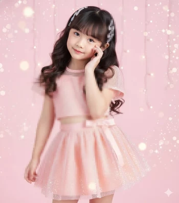 Cute little girl in sparkling pink dress posing in dreamy fairy light background