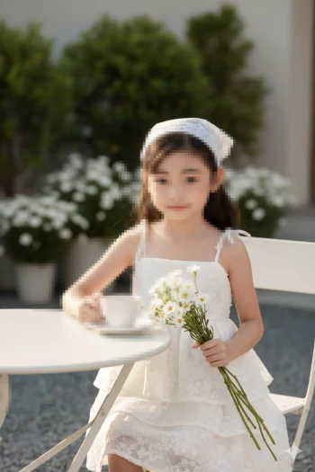 Cute young girl in white lace dress holding daisies at outdoor café table