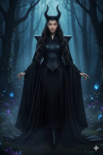 Dark Sorceress Woman in Black Gown Standing in Enchanted Misty Forest