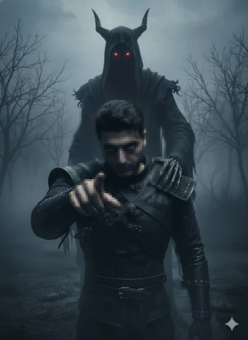 Dark warrior pointing forward as demonic shadow with red eyes looms behind him
