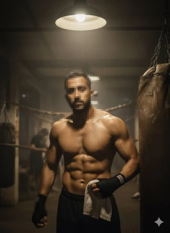 Determined boxer standing shirtless in a dimly lit gym after intense training session