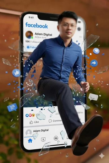 Digital Influencer Breaking Through Smartphone Social Media Interface