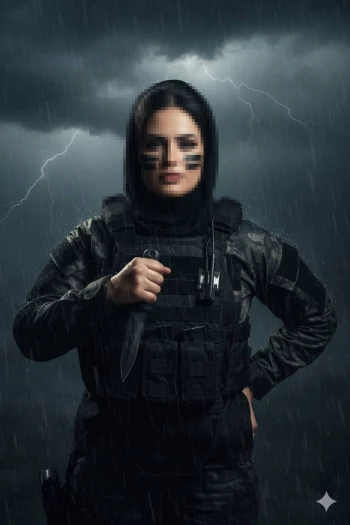 Fearless Female Soldier Standing in the Rain Holding a Combat Knife