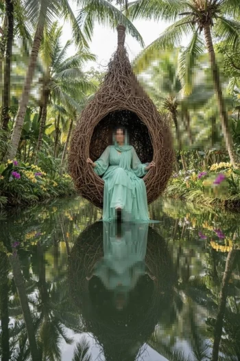 Woman in mint green dress sitting in woven nest chair over tropical water garden