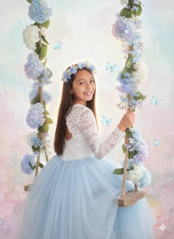 Dreamy girl on a floral swing surrounded by blue butterflies in soft pastel light