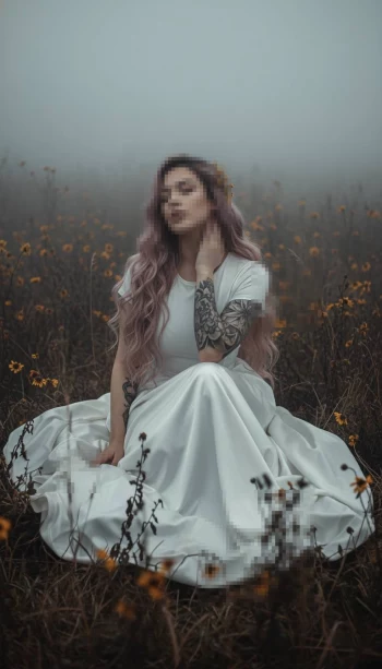 Dreamy Portrait of a Woman in White Dress Sitting in a Foggy Meadow