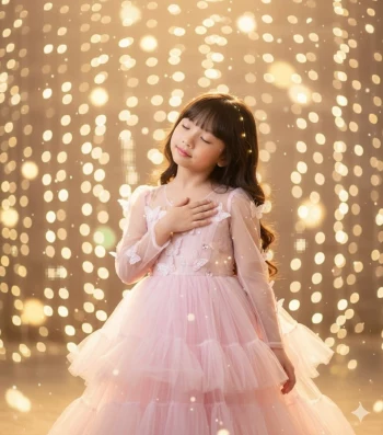 Dreamy young girl in pink tulle dress surrounded by glowing golden lights
