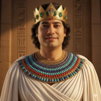 Egyptian King Wearing Golden Crown and Gemstone Collar in Ancient Temple