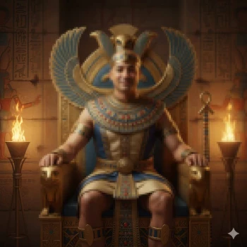Egyptian pharaoh sitting on golden throne with ancient temple background