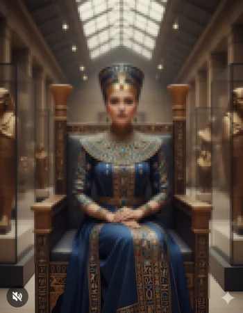 Egyptian queen in royal blue and gold attire sitting on a golden throne