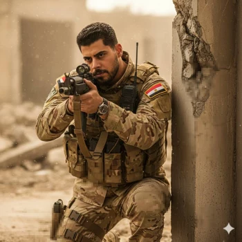 Egyptian Soldier Aiming Rifle in Battle Zone Amid Dust and Ruins