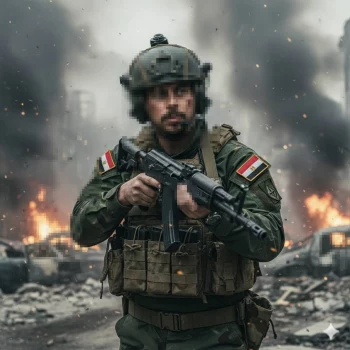 Egyptian Soldier in Combat Gear Standing Amidst Smoke and Fire