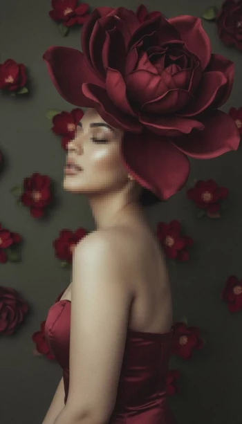 Elegant Artistic Portrait of a Woman Wearing a Dramatic Red Floral Headpiece